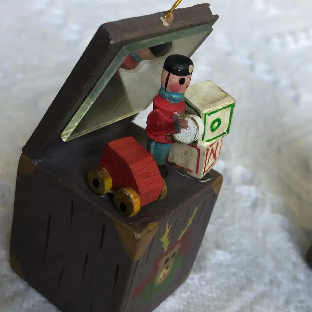 VTG Wooden Toy Chest Christmas Ornaments Noel Set of 2 Hand Painted Glass Mirror